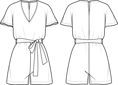 Women's V-Neck, Short Sleeve, and Self Belt Playsuit. Playsuit technical fashion illustration. Flat apparel playsuit template front and back, white color. Women's CAD mock-up.