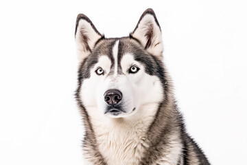Husky in studio setting against white backdrop, showcasing their playful and charming personalities in professional photoshoot.