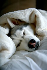 Charming husky puppy peacefully asleep in armchair under a soft and cozy fuzzy blanket