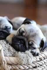 Cute pug puppies sleeping peacefully in a basket, snuggled together with audible snorts and snores