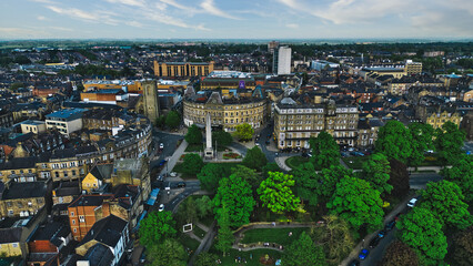 Aerial Cityscape with Monument and Park in Harrogate, North Yorkshire