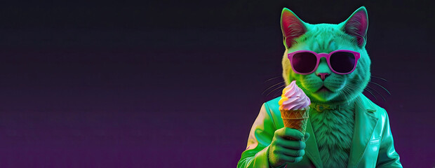 Fluffy white cat in a suit with an ice cream cone in neon lighting on a gray monochrome background