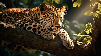 A leopard is resting on a tree branch