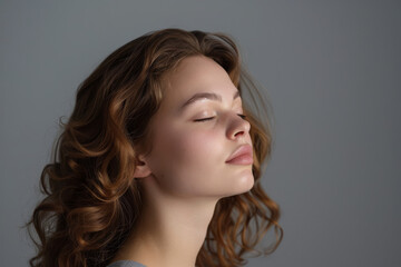 Naklejka premium A close up of a woman's face with her eyes closed looking to a side