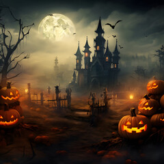 Halloween background with pumpkin and bats surround the castle. Spooky concept.