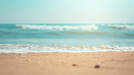 Fototapeta premium Serene beach waves and sandy shore. Tranquil beach scene with soft waves lapping at the sandy shore, perfect for travel and relaxation themes.