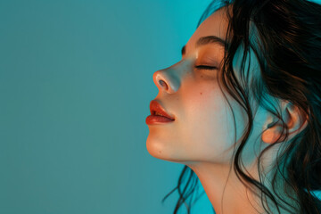 Fototapeta premium A close up of a woman's face with her eyes closed looking to a side
