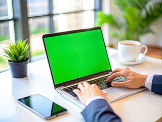 Professional typing on laptop with green screen display, smartphone and coffee on desk in modern office
