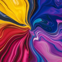 Vibrant abstract fluid art with swirling colors of yellow, blue, red, and purple, creates a mesmerizing visual. Perfect for modern decor, digital backgrounds, and artistic inspiration.