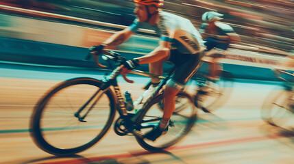 Cyclist in motion blur on velodrome. Action shot of a cyclist speeding around a velodrome, with motion blur emphasizing the speed and intensity of the race.