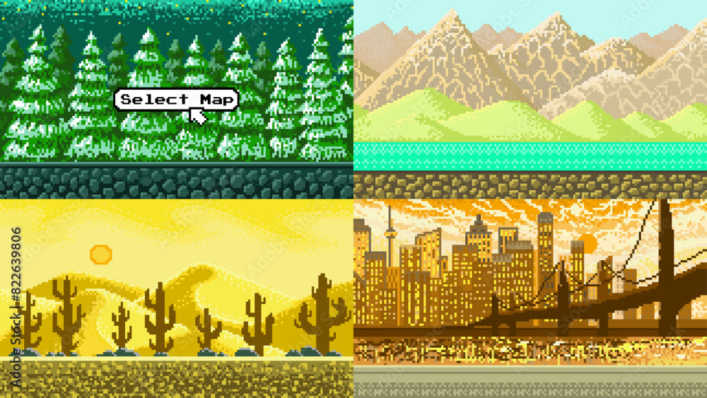 Poster modern city. mountains. cacti in the desert. christmas trees. pixel art 8 bit objects. landscape bac