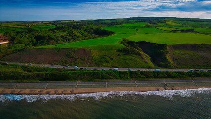 Aerial view of coastal road and beach in Sandsend, Yorkshire