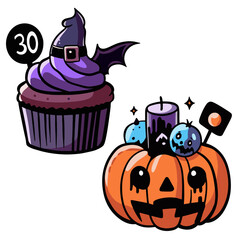 Vector illustration, halloween pumpkin cupcake with skulls, bats, hats
