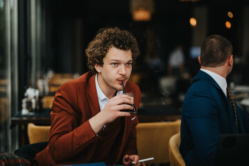 Business professional in a suit enjoying a drink and taking a break in a modern coffee bar environment, reflecting a casual and relaxed atmosphere.