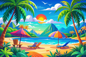 Obraz premium Vibrant vector illustration of a tropical paradise featuring lush palm trees, a crystal-clear blue sea, a sandy beach