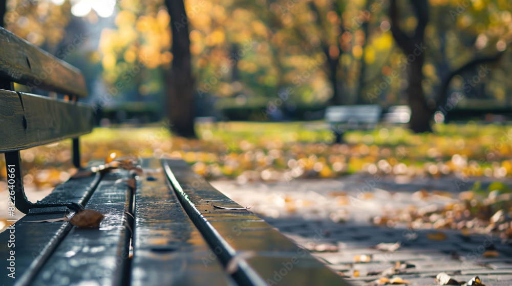 Poster empty bench in autumn park. a serene autumn scene featuring an empty bench covered in fallen leaves 