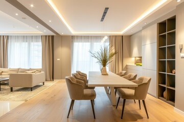 Fototapeta premium Modern Apartment Interior Showcasing Dining Area and Open Kitchen with City Views