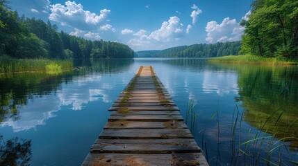Obraz premium wooden pier by the lake with blue clouds
