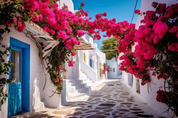 Traditional Mediterranean style whitewashed houses and blooming bougainvillea in cozy alleway street