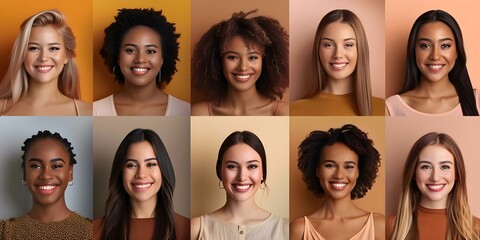 Celebration of Diversity: Collage Featuring Smiling Women of Various Ages and Ethnicities on Colorful Background. Concept Diversity, Women, Smiling, Ages, Ethnicities