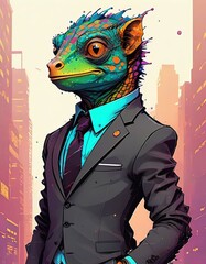 A lizard, a chameleon, dressed in a suit and tie, shows a happy expression.