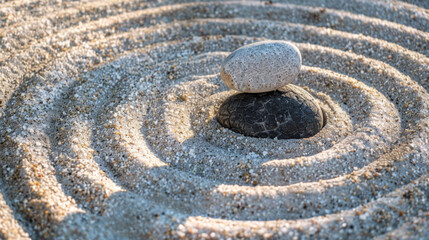 Obraz premium A stone placed in the center of a sand circle in a still life zen garden