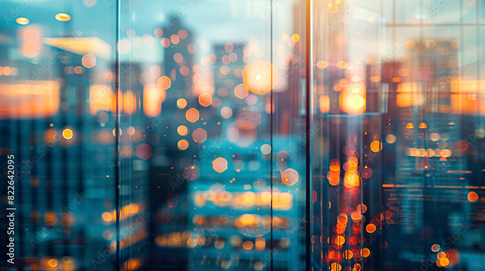 Poster city lights through windowpane. abstract view of a cityscape at twilight seen through a windowpane w