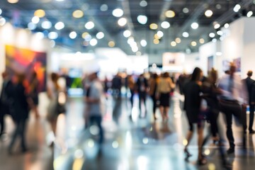 Blured Dynamic Scene of Business Professionals Networking at Busy Trade Fair