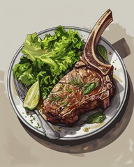 Beef steak and salad clipart illustration, fresh seafood dish and greens on light  background