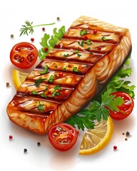 Salmon steak and salad with tomatoes, detailed clipart illustration on white background
