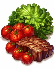 Beef steak and salad with tomatoes, detailed clipart illustration on white background