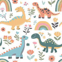 Seamless abstract pattern with hand drawn dinosaurs dino flowers