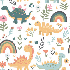 Seamless abstract pattern with hand drawn dinosaurs dino flowers