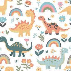 Seamless abstract pattern with hand drawn dinosaurs dino flowers