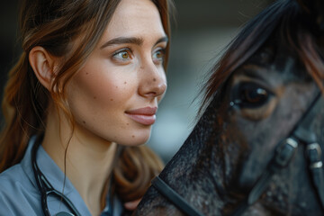 A veterinarian using a stethoscope to listen to a horse's heartbeat. Concept of equine medicine and thorough examinations. Generative Ai.