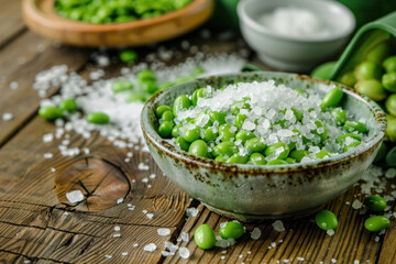 Fresh Edamame Beans in a Bowl Sprinkled with Coarse Salt on a Wooden Table