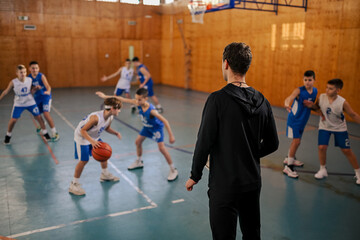 Rear view of a basketball coach looking at junior team playing basket