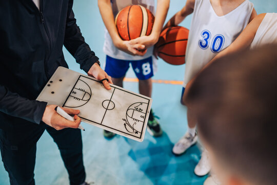 Cropped image of basketball coach working on game plan with junior team - Powered by Adobe