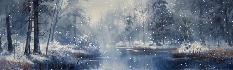 Painting of a snowy scene with a stream and trees. Winter background. Banner