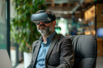 Middle-Aged Man Using Virtual Reality Headset in Modern Office Setting