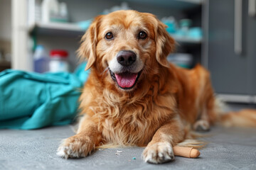 A dog getting a bandage on its injured leg, skillfully applied by a vet. Concept of injury care and bandaging. Generative Ai.