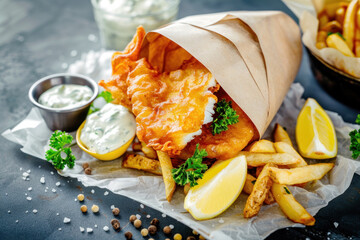 Classic Fish and Chips Served in a Paper Cone with Lemon and Tartar Sauce