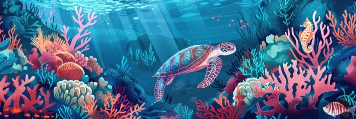 Fish Illustration. Ocean Landscape with Sea Turtles, Saltwater Fishes, Coral Reef, and Seahorse