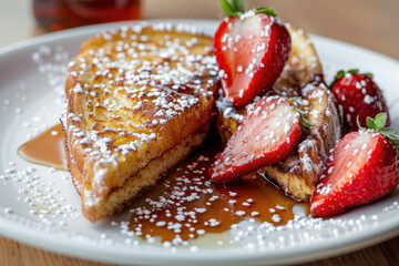 Delicious French Toast with Fresh Strawberries and Maple Syrup on a White Plate