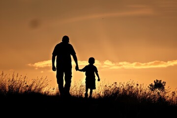 Loving Father. Silhouette of Father Walking hand in hand with Son, Family Bonding and Recreation in