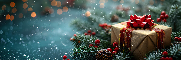 Minimalist Christmas Present on Canvas with Gold Frame and Snowy Banner