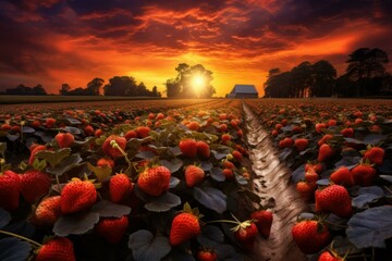 Breathtaking sunset view above a lush strawberry farm, highlighting nature's beauty