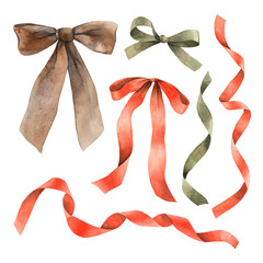 A set of silk satin ribbons and bows of different colors. Isolated watercolor illustration in vintage style. Hand drawn drawings for cards, various holidays, invitations, textiles, stickers