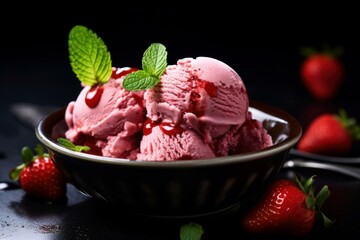 Scoops of strawberry ice cream garnished with mint on a dark background, with fresh strawberries