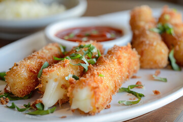 Crispy Fried Cheese Sticks Served with Tomato Sauce and Garnished with Basil